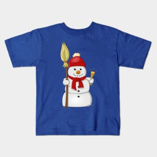 Cartoon style drawing of a funny snowman with red bonnet Kids T-Shirt